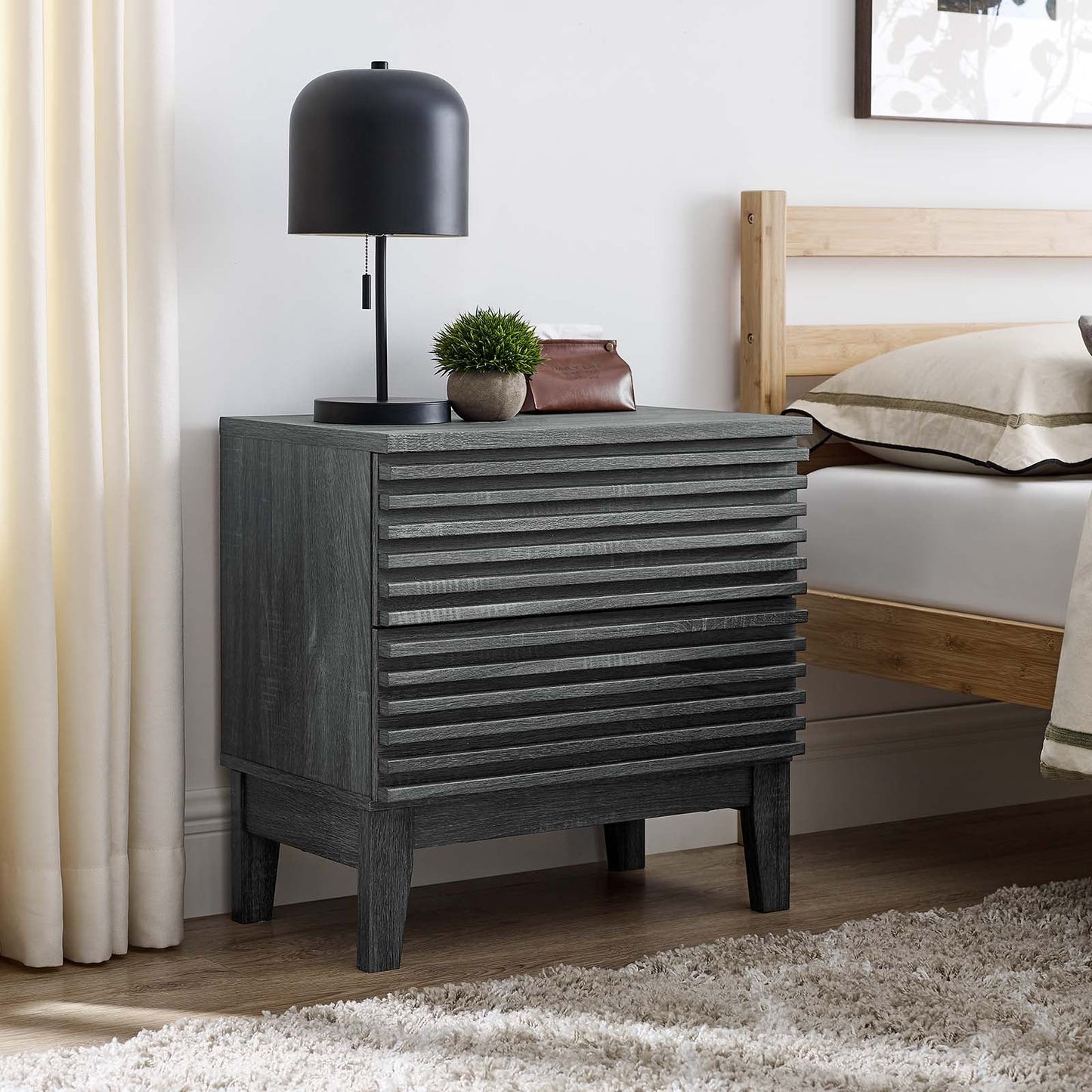 Render Walnut and Charcoal Oak Two-Drawer Nightstand for Stylish Bedroom Storage