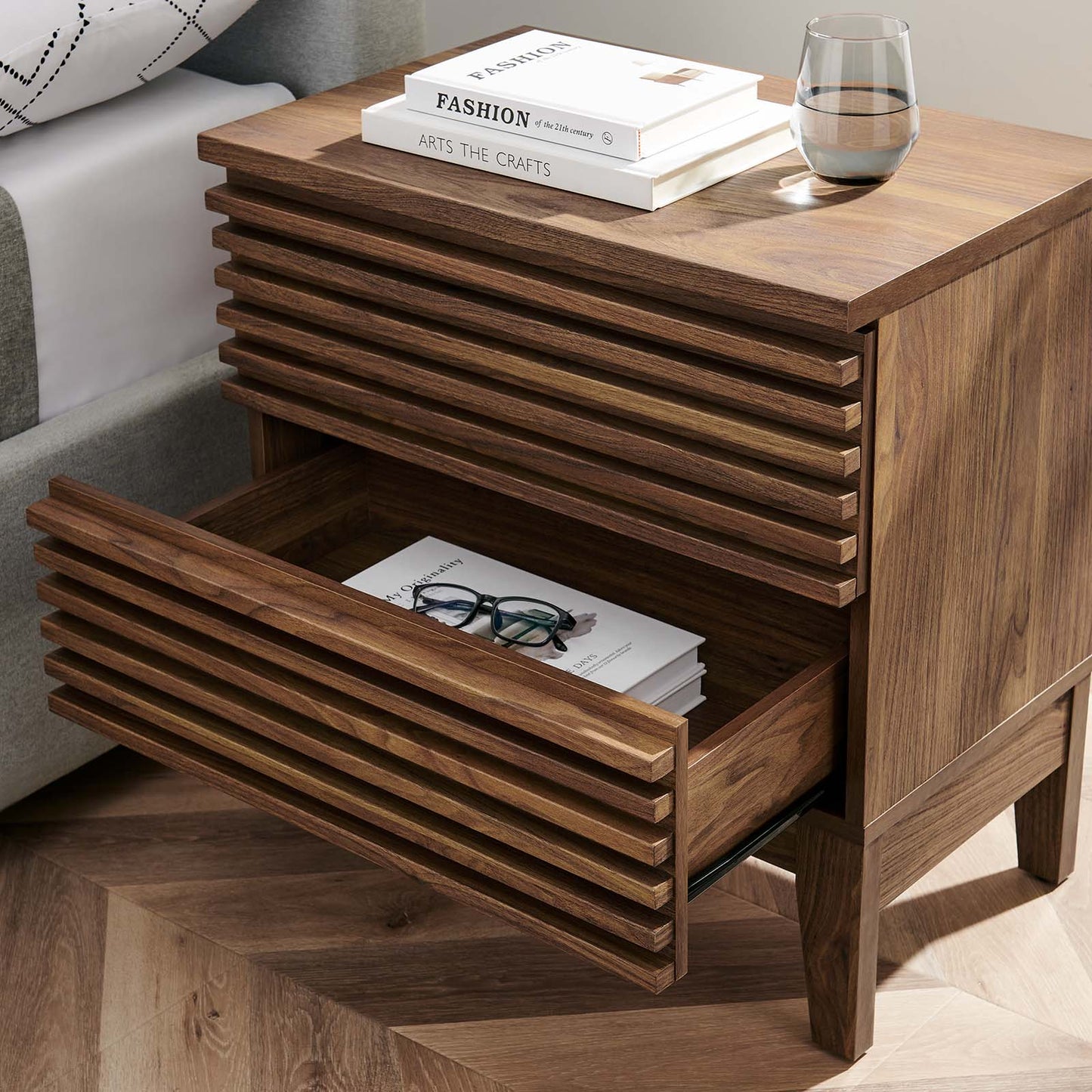 Render Walnut and Charcoal Oak Two-Drawer Nightstand for Stylish Bedroom Storage