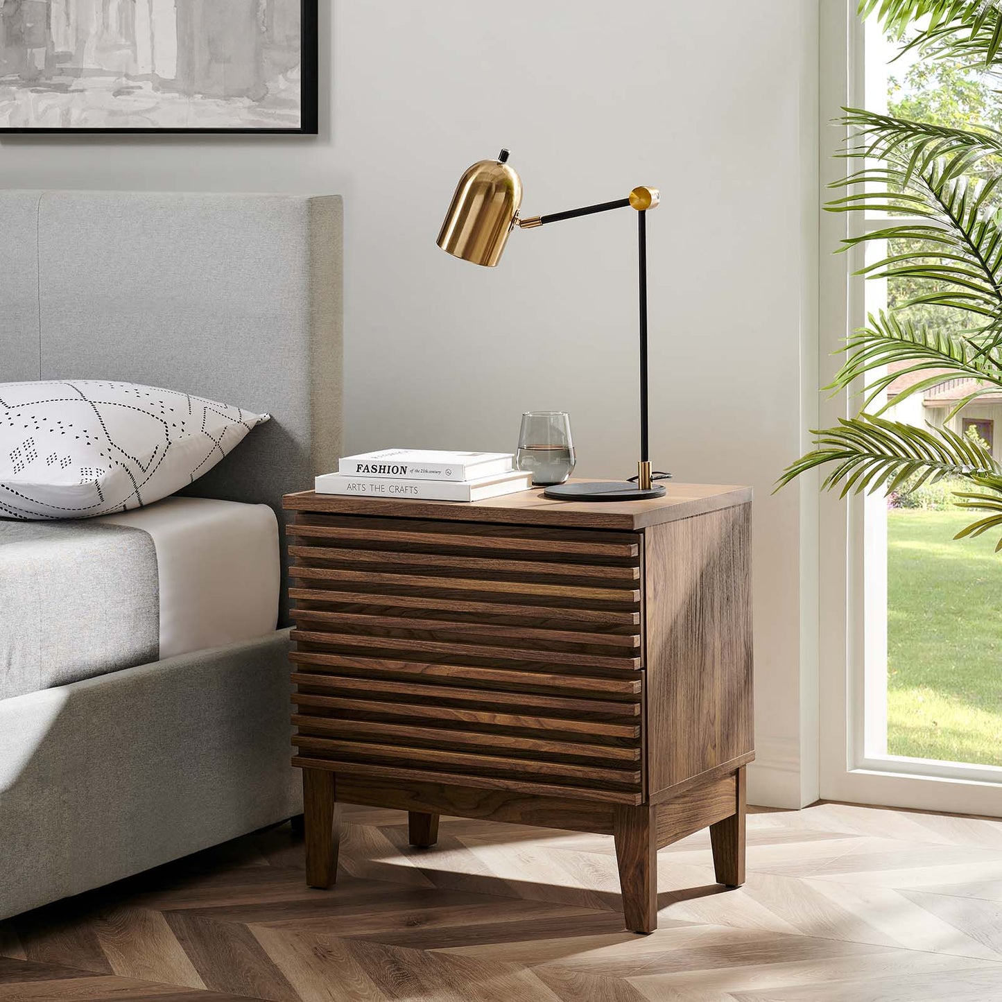 Render Walnut and Charcoal Oak Two-Drawer Nightstand for Stylish Bedroom Storage