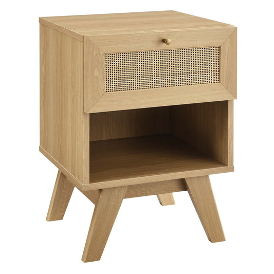 Soma Modern 1-Drawer Nightstand with Rattan Weave – Full-Extension Drawer & Open Shelf in Oak