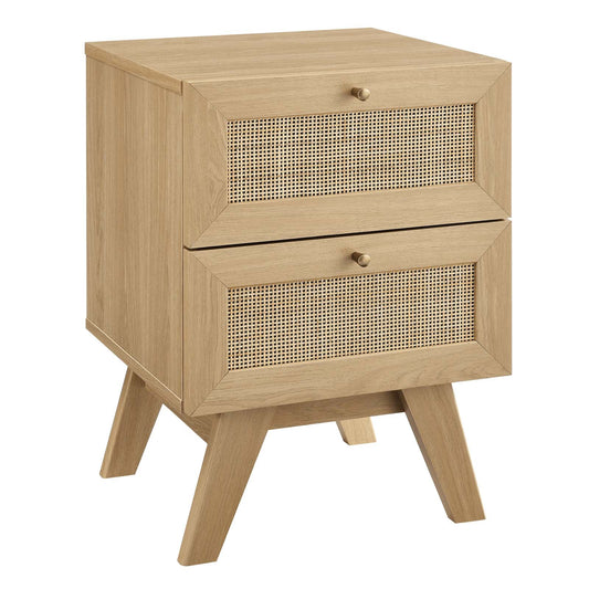Soma Modern Nightstand with Rattan Weave – Two Spacious Oak Drawers for Chic Bedroom Storage