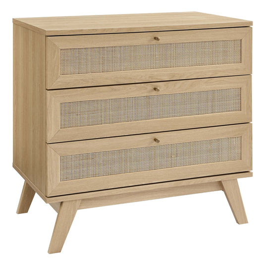 Soma 3-Drawer Dresser with Rattan Weave – Elegant Oak Storage for Bedroom Essentials & Décor