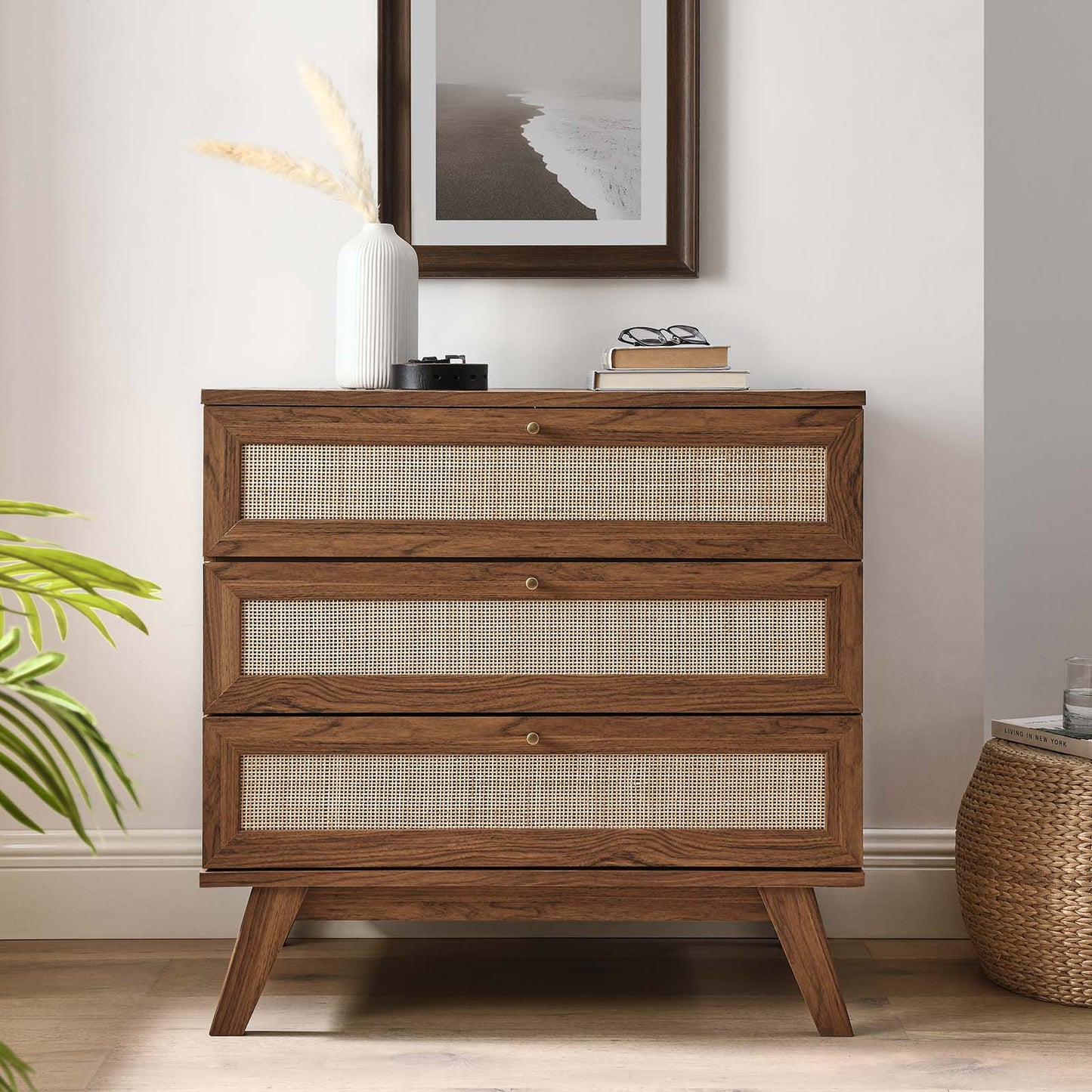 Soma 3-Drawer Oak Walnut Rattan Dresser