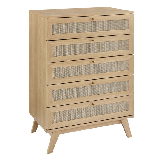 Soma 5-Drawer Chest - Contemporary Storage Solution Featuring Natural Rattan Weave and Full-Extension Drawers