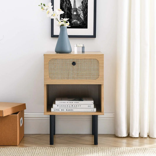 Chaucer Oak Black Rattan Nightstand