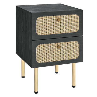 Chaucer Oak and Black Rattan 2-Drawer Nightstand for Chic Bedroom Decor