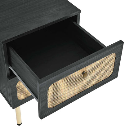 Chaucer Oak and Black Rattan 2-Drawer Nightstand for Chic Bedroom Decor