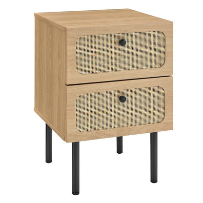 Chaucer Oak and Black Rattan 2-Drawer Nightstand for Chic Bedroom Decor