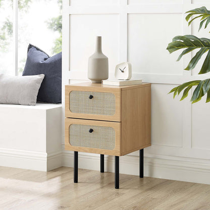 Chaucer Oak and Black Rattan 2-Drawer Nightstand for Chic Bedroom Decor