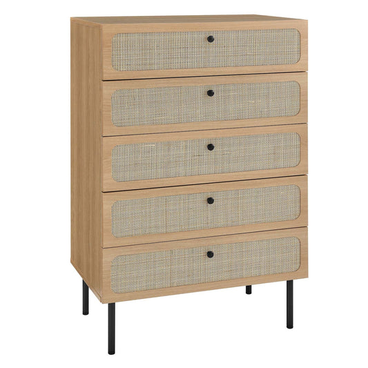 Chaucer 5-Drawer Chest with Chic Rattan Accents for Contemporary Bedroom Storage and Organization