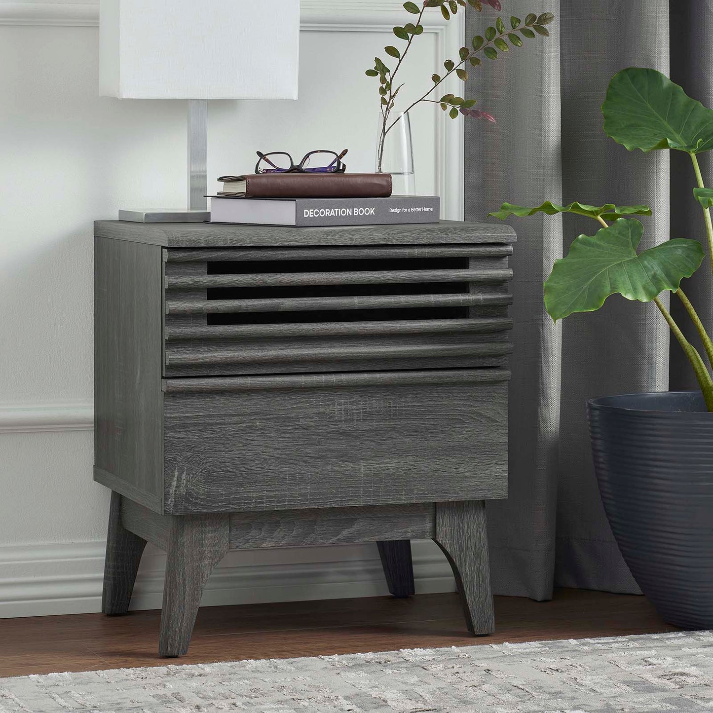 Render Nightstand - Mid-Century Modern Accent Table with Full-Extension Drawer and Open Storage Space in Charcoal