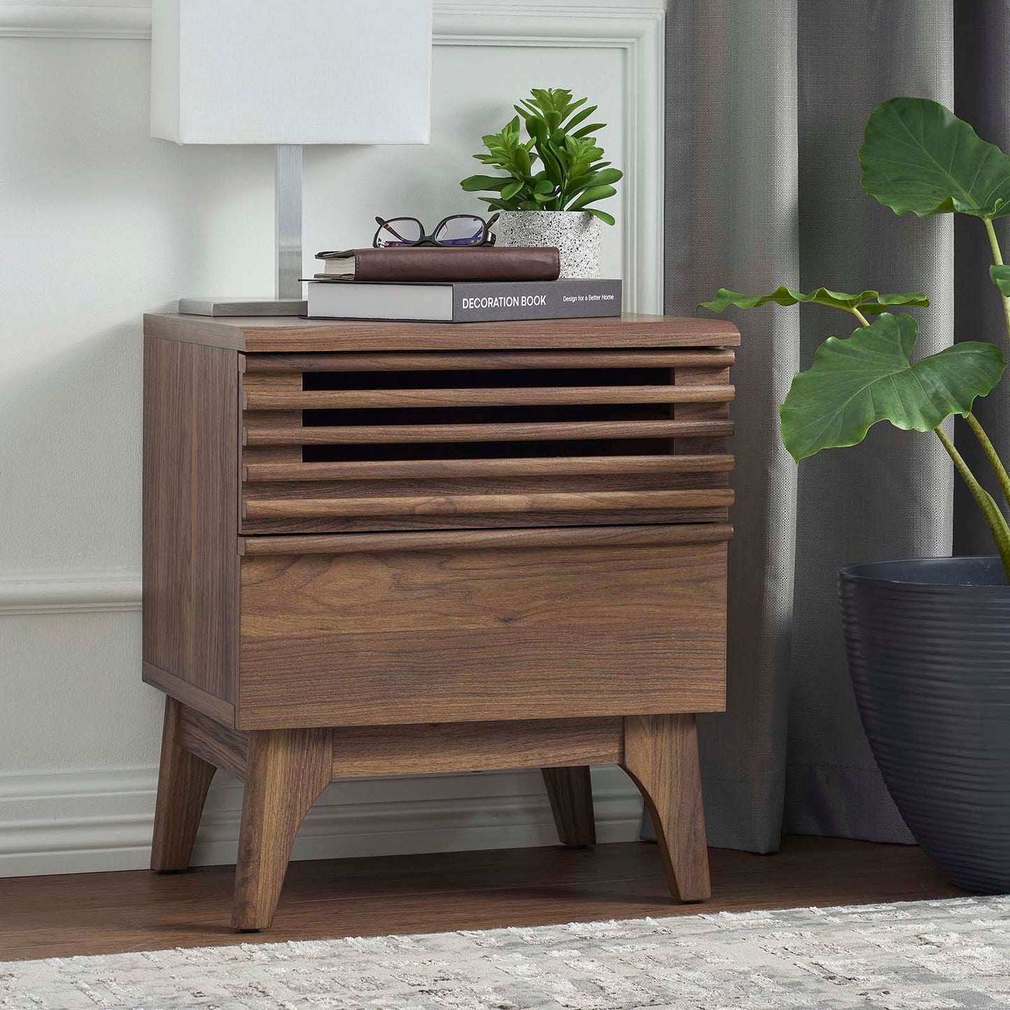 Render Nightstand - Mid-Century Modern Accent Table with Full-Extension Drawer and Open Storage Space in Charcoal