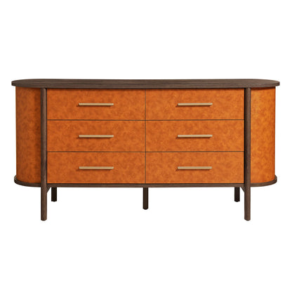 Coralie Curved 6-Drawer Vegan Leather Oval Dresser in Walnut Tan – Stylish Storage Furniture