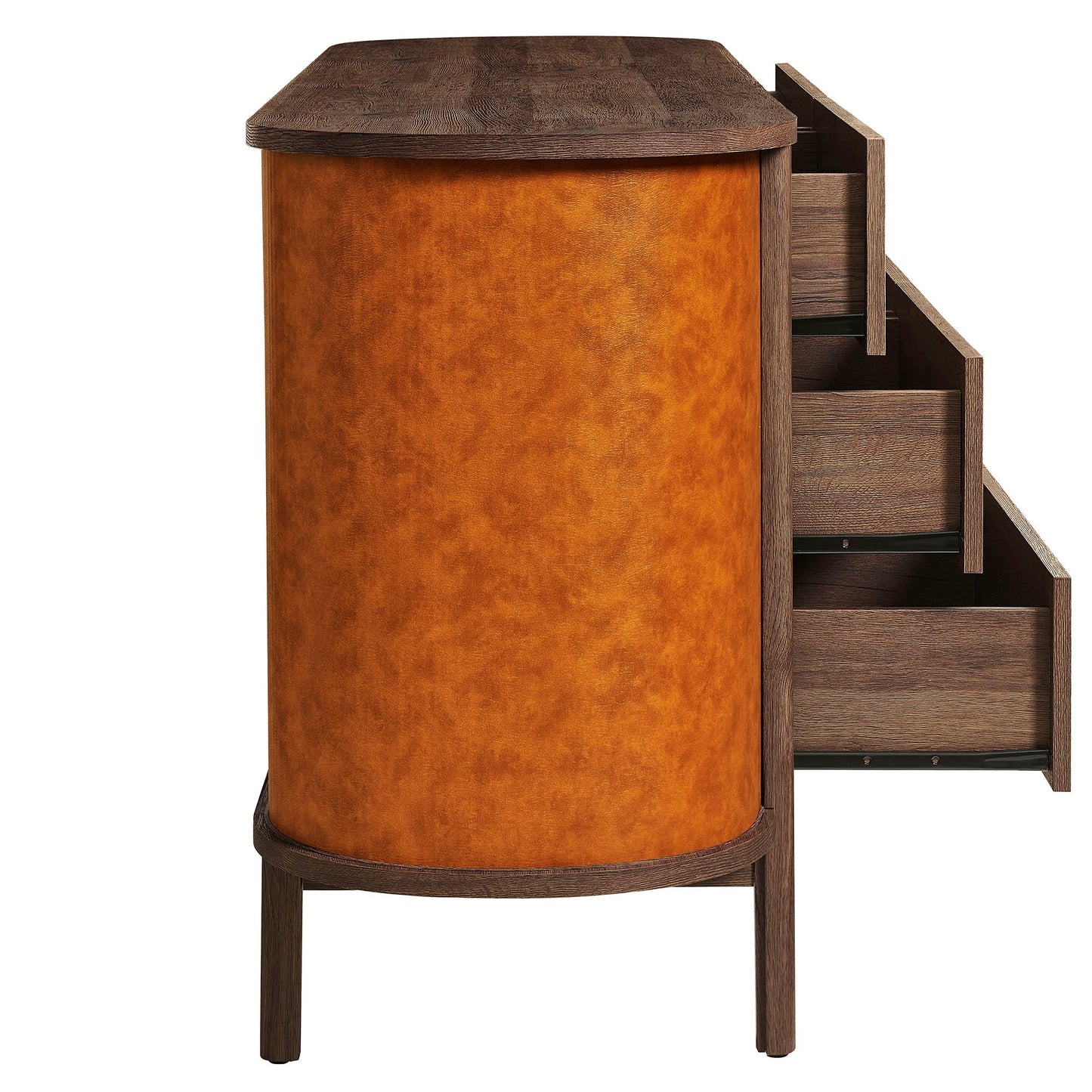 Coralie Curved 6-Drawer Vegan Leather Oval Dresser in Walnut Tan – Stylish Storage Furniture
