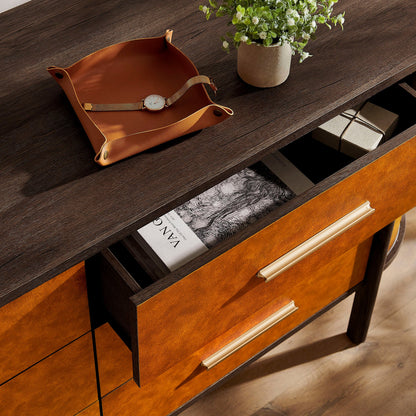 Coralie Curved 6-Drawer Vegan Leather Oval Dresser in Walnut Tan – Stylish Storage Furniture