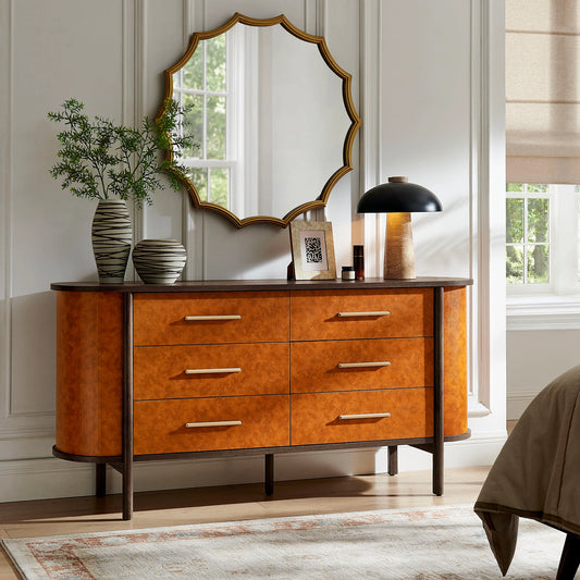 Coralie Curved 6-Drawer Vegan Leather Oval Dresser in Walnut Tan – Stylish Storage Furniture