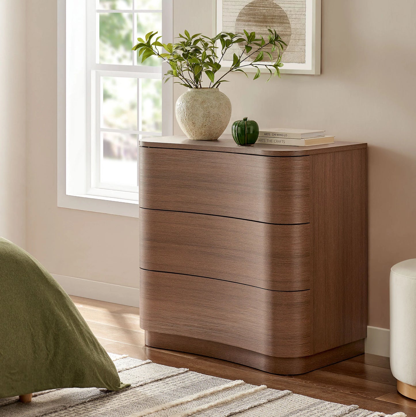 Mirae 3-Drawer Curved Compact Dresser – Modern Small-Space Bedroom Storage