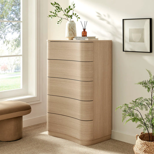 Mirae 5-Drawer Curved Dresser – Modern Chest of Drawers with Sleek Storage
