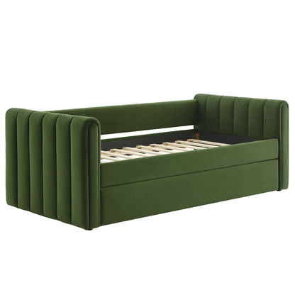 Veyla Channel Tufted Performance Velvet Twin Daybed with Trundle – Durable Sleeper Sofa