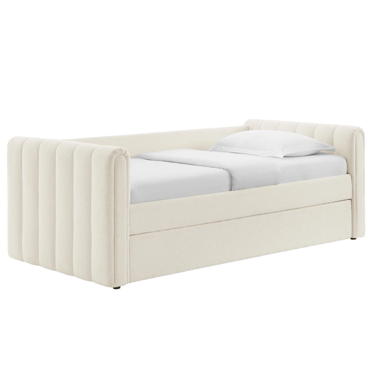 Veyla Channel Tufted Boucle Twin Daybed with Trundle in Cloud – Modern Sleeper Sofa Bed