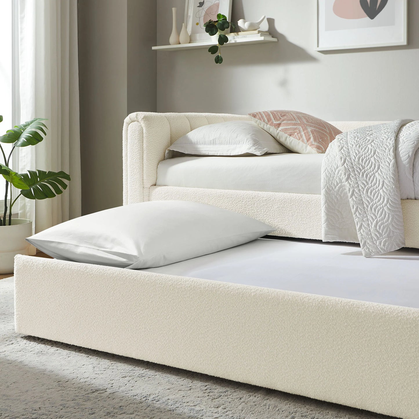 Veyla Channel Tufted Boucle Twin Daybed with Trundle in Cloud – Modern Sleeper Sofa Bed