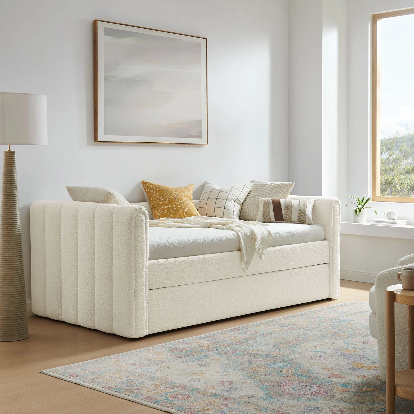 Veyla Channel Tufted Boucle Twin Daybed with Trundle in Cloud – Modern Sleeper Sofa Bed