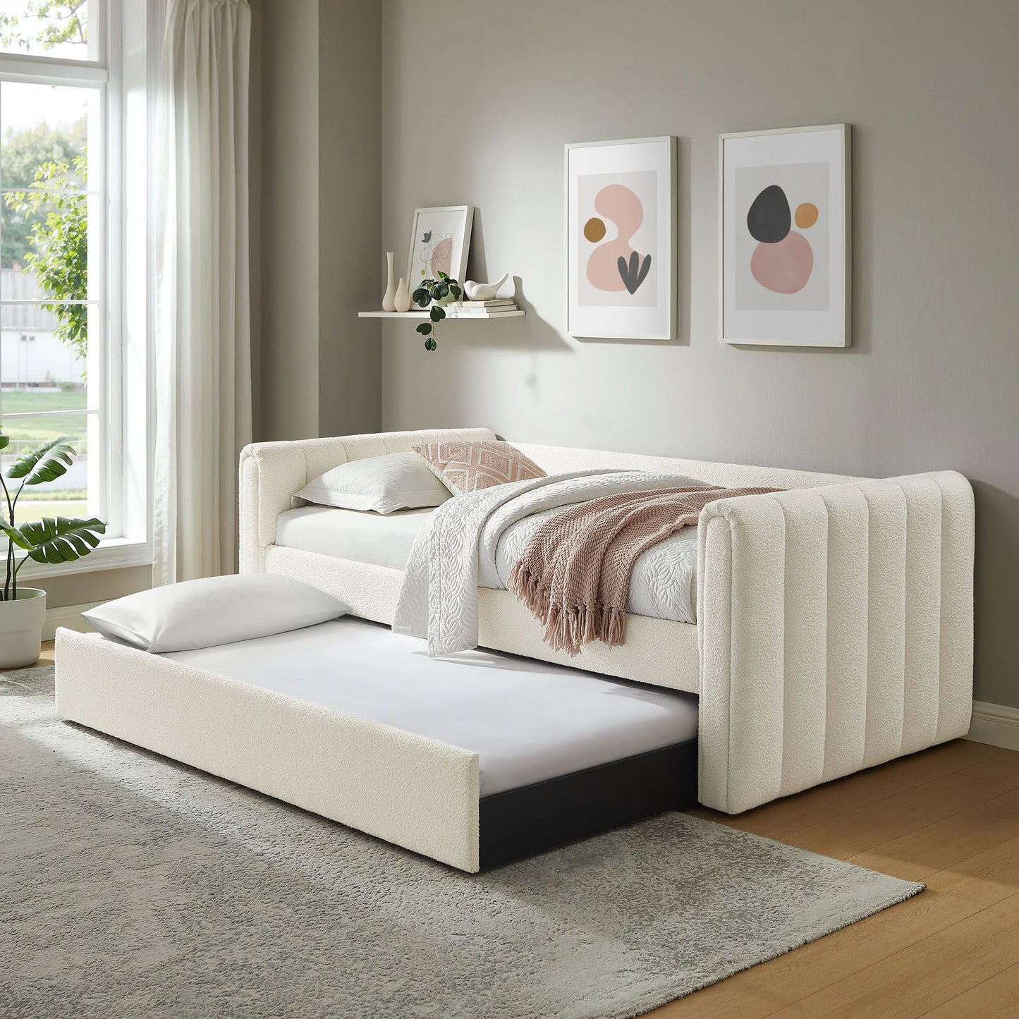 Veyla Channel Tufted Boucle Twin Daybed with Trundle in Cloud – Modern Sleeper Sofa Bed