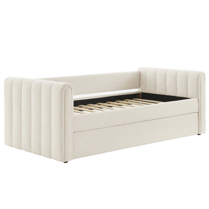 Veyla Channel Tufted Boucle Twin Daybed with Trundle in Cloud – Modern Sleeper Sofa Bed