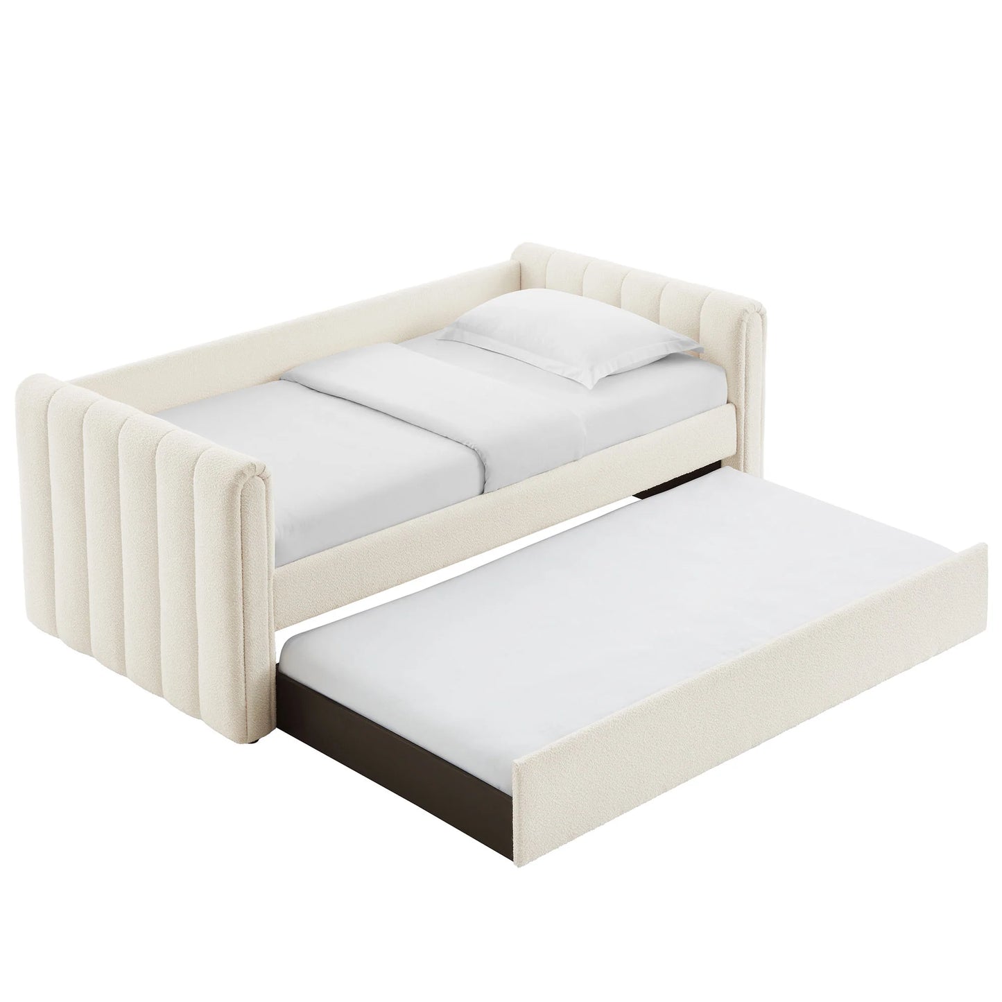 Veyla Channel Tufted Boucle Twin Daybed with Trundle in Cloud – Modern Sleeper Sofa Bed