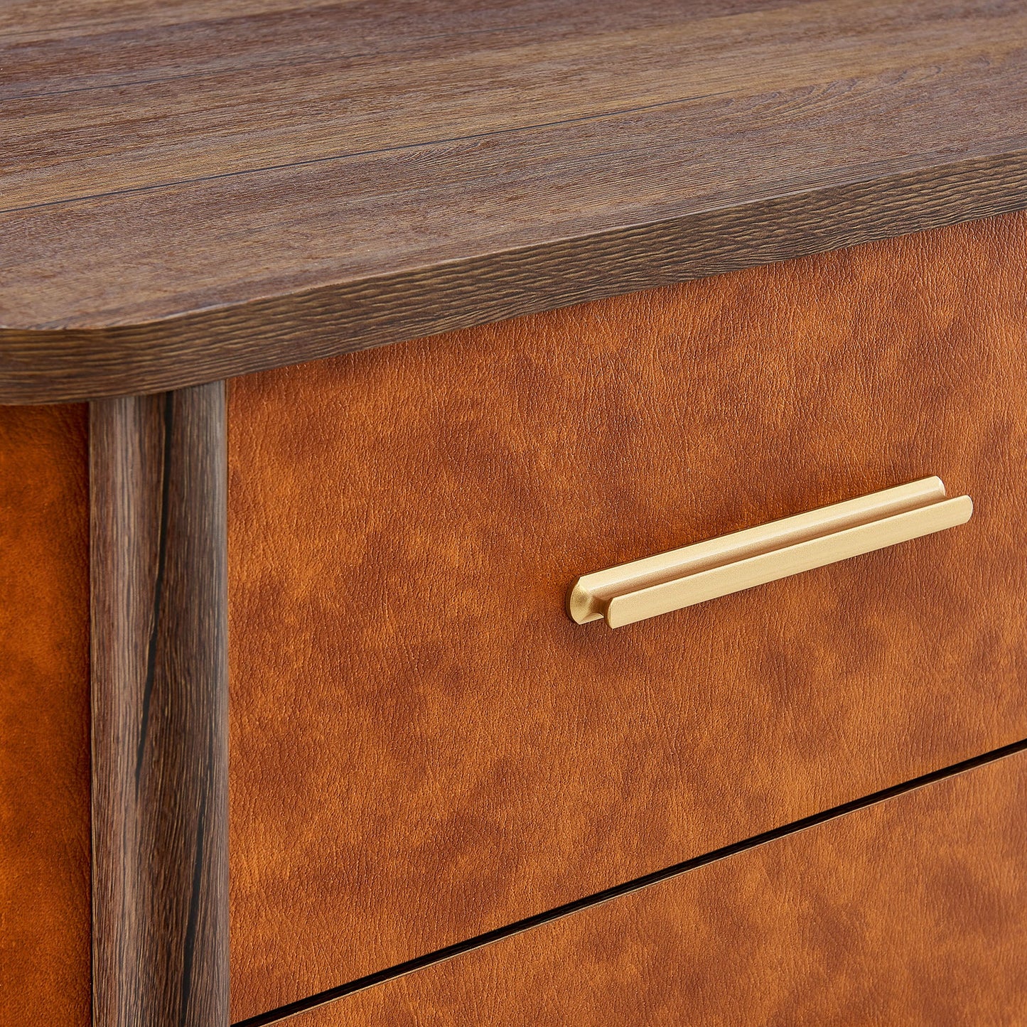 Coralie 2-Drawer Curved Vegan Leather Nightstand in Walnut Tan – Modern Bedside Table