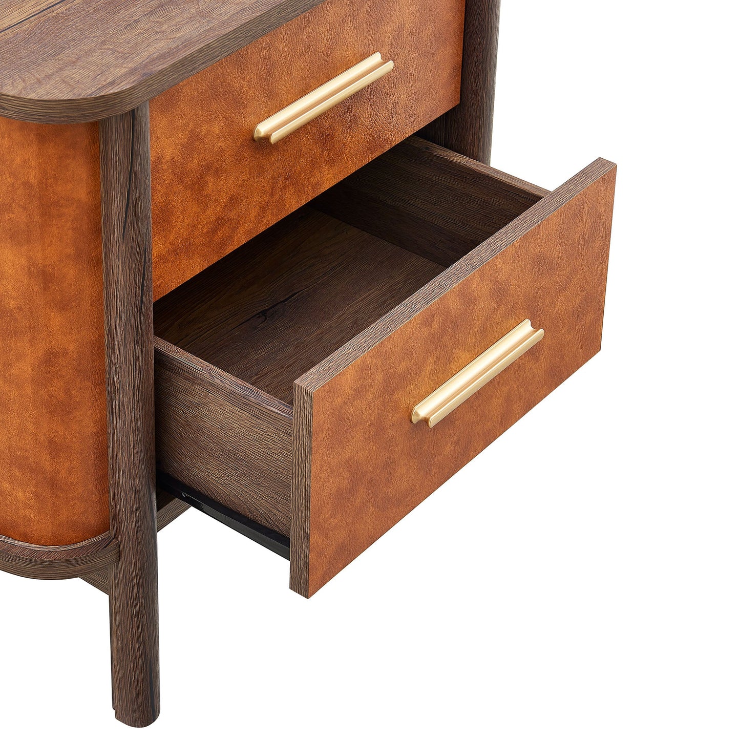 Coralie 2-Drawer Curved Vegan Leather Nightstand in Walnut Tan – Modern Bedside Table