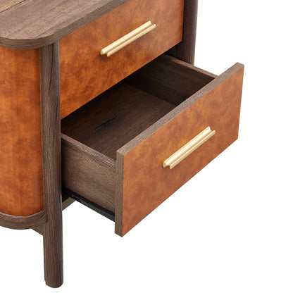 Coralie 2-Drawer Curved Vegan Leather Nightstand in Walnut Tan – Modern Bedside Table