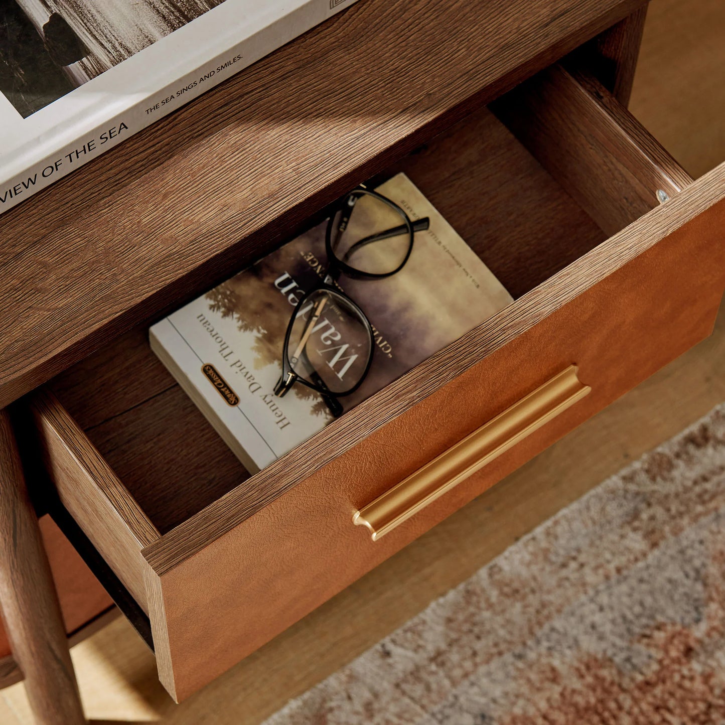 Coralie 2-Drawer Curved Vegan Leather Nightstand in Walnut Tan – Modern Bedside Table