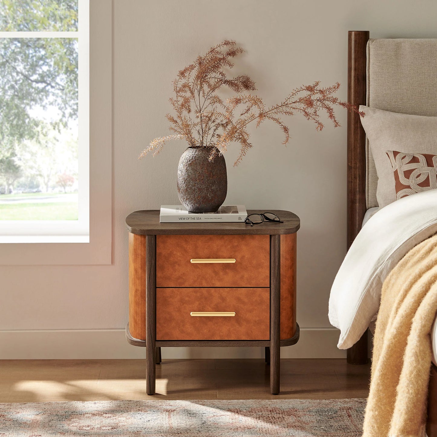 Coralie 2-Drawer Curved Vegan Leather Nightstand in Walnut Tan – Modern Bedside Table
