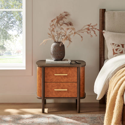 Coralie 2-Drawer Curved Vegan Leather Nightstand in Walnut Tan – Modern Bedside Table