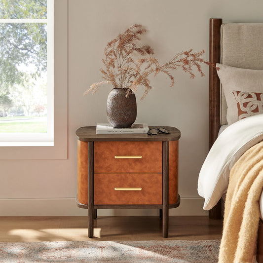 Coralie 2-Drawer Curved Vegan Leather Nightstand in Walnut Tan – Modern Bedside Table
