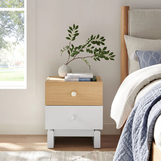 Nolia 2-Drawer Nightstand in Oak White – Modern Color Block Bedside Table