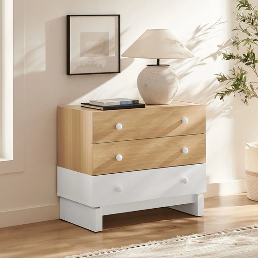 Nolia 3-Drawer Color Block Dresser in Oak White – Modern Compact Storage for Stylish Bedrooms