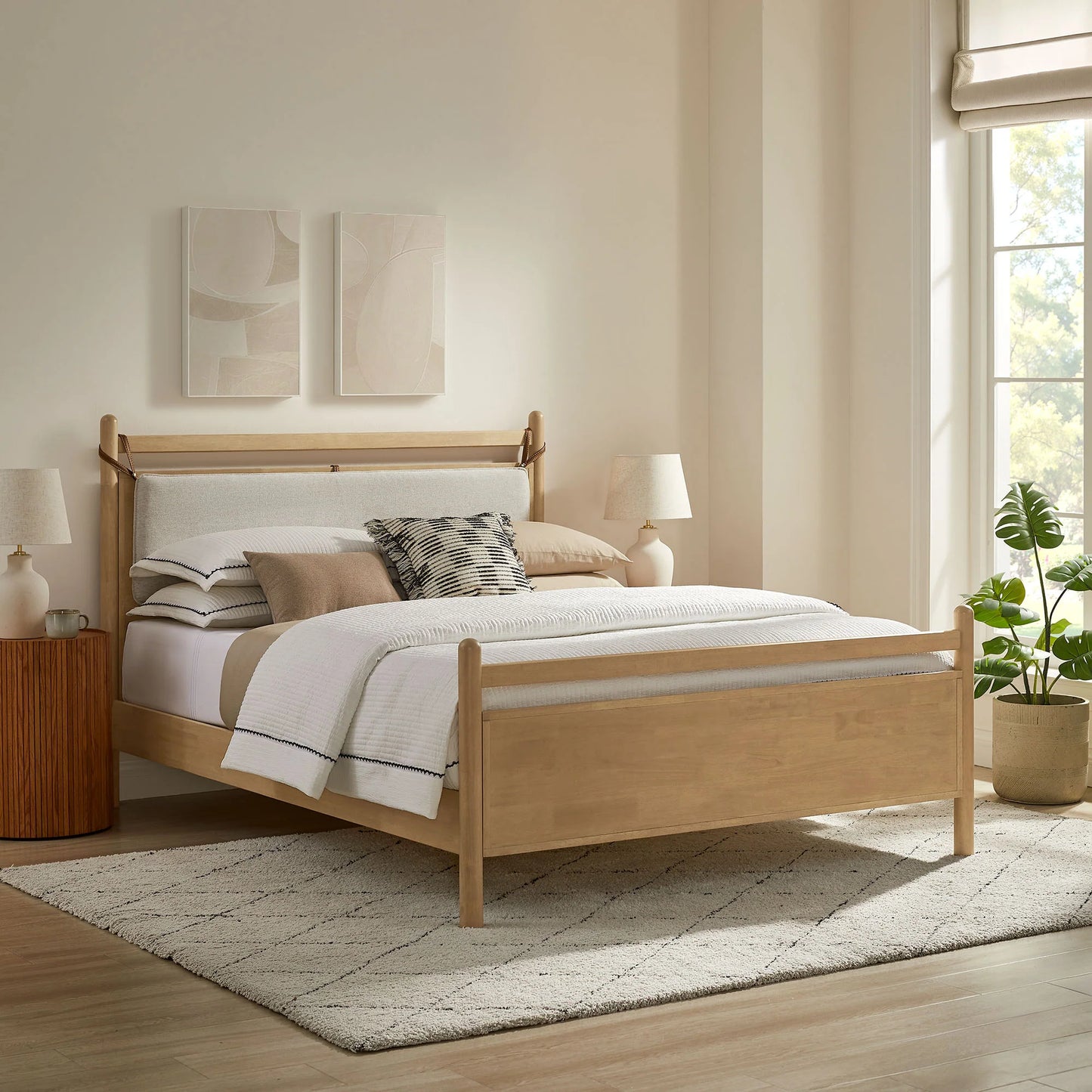 Leni Wood Platform Bed Frame with Fabric Pillow Headboard