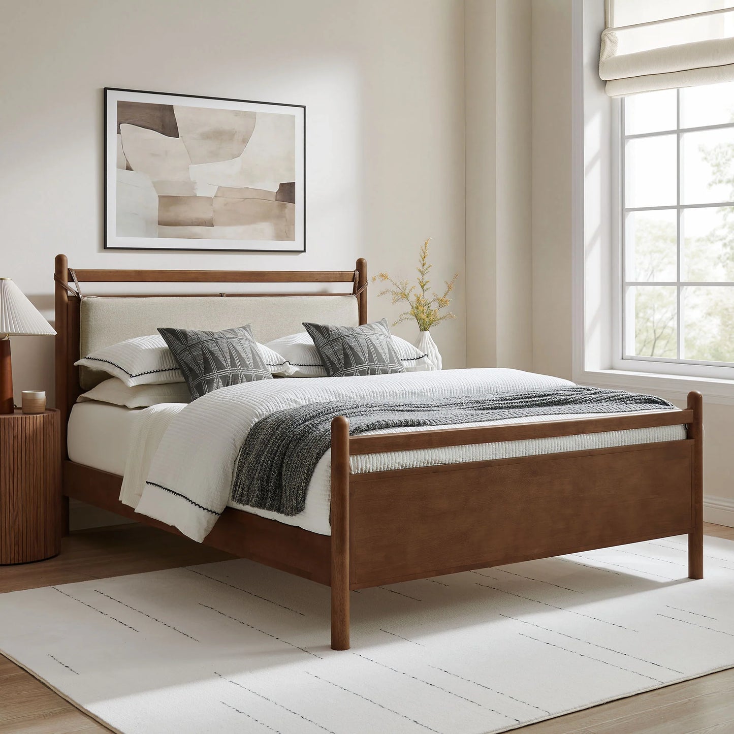 Leni Wood Platform Bed Frame with Fabric Pillow Headboard