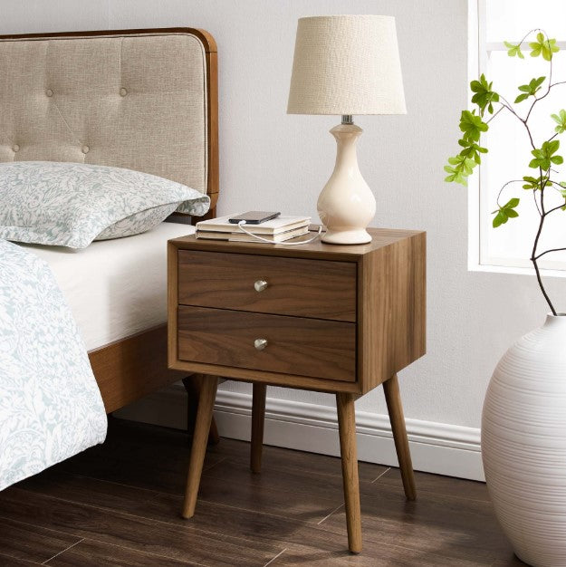 Ember Wood Nightstand with USB Ports and Outlets - Chic Mid-Century Modern Bedside Table in Walnut
