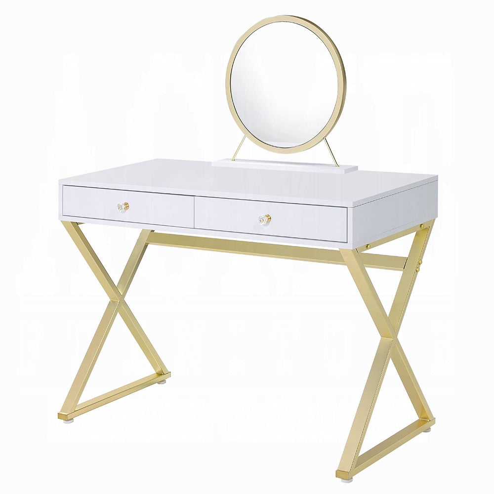 Coleen Vanity Desk W/Mirror & Jewelry Tray White & Gold Finish