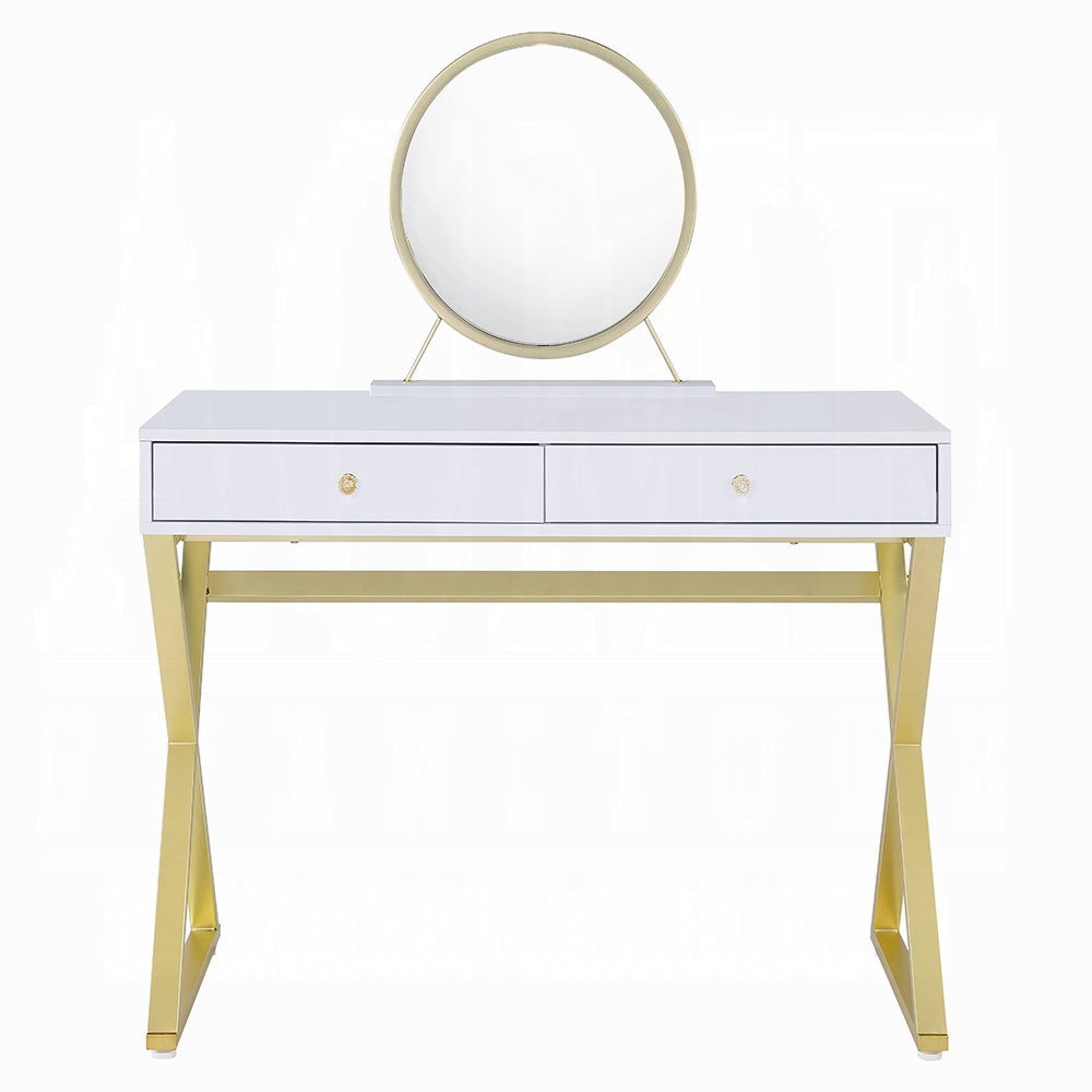 Coleen Vanity Desk W/Mirror & Jewelry Tray White & Gold Finish