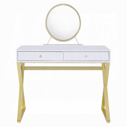 Coleen Vanity Desk W/Mirror & Jewelry Tray White & Gold Finish