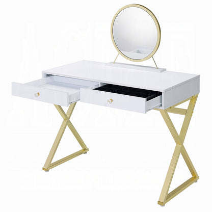 Coleen Vanity Desk W/Mirror & Jewelry Tray White & Gold Finish