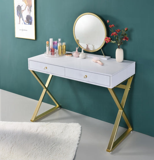 Coleen Vanity Desk W/Mirror & Jewelry Tray White & Gold Finish