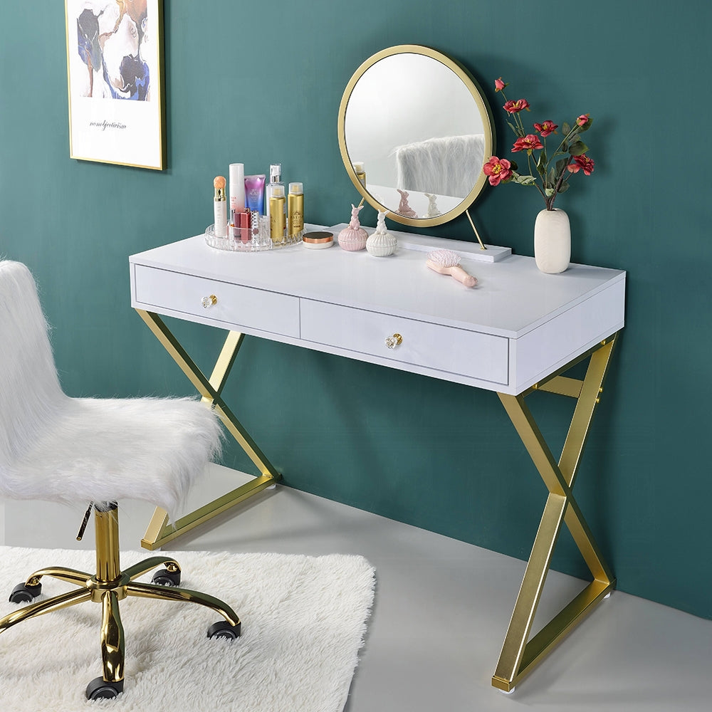 Coleen Vanity Desk W/Mirror & Jewelry Tray White & Gold Finish