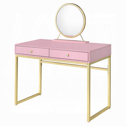 Coleen Vanity Desk W/Mirror & Jewelry Tray Pink & Gold Finish