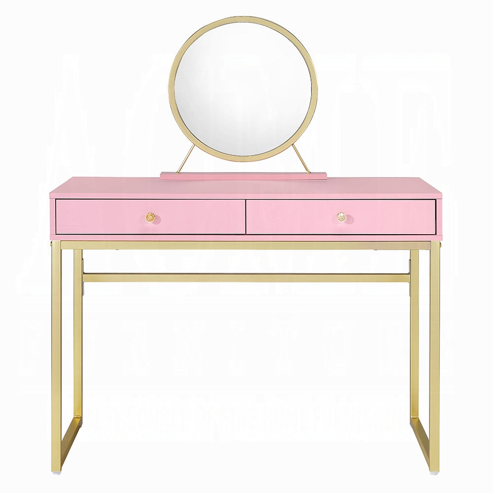 Coleen Vanity Desk W/Mirror & Jewelry Tray Pink & Gold Finish