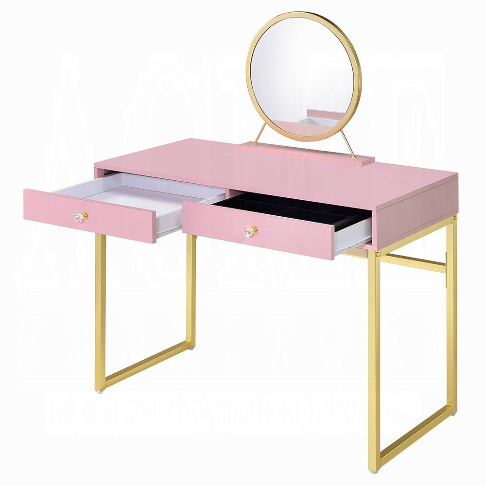 Coleen Vanity Desk W/Mirror & Jewelry Tray Pink & Gold Finish